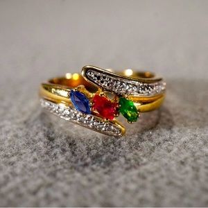 Vintage Sterling Silver Yellow Gold Marquise Emerald RubySapphire Diamond Bypass